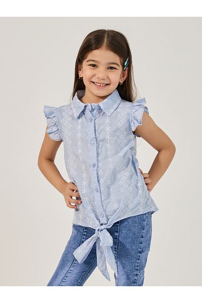 Styli Schiffli Frill Sleeve Shirt with Tie Up Detail