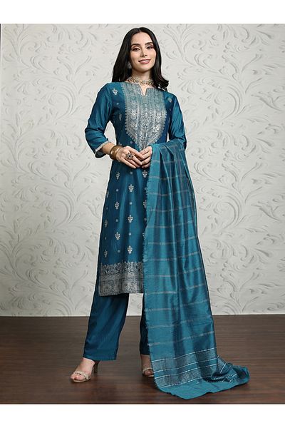 Vishudh By Styli Women Blue Printed Viscose Kurta Set with Dupatta