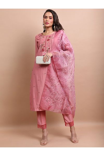 Vishudh By Styli Pink Embroidered Kurta Set with Trouser and Dupatta