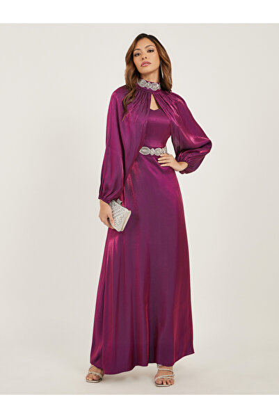 Styli Embellished Satin A-Line Maxi Dress with Detachable Cape Sleeves