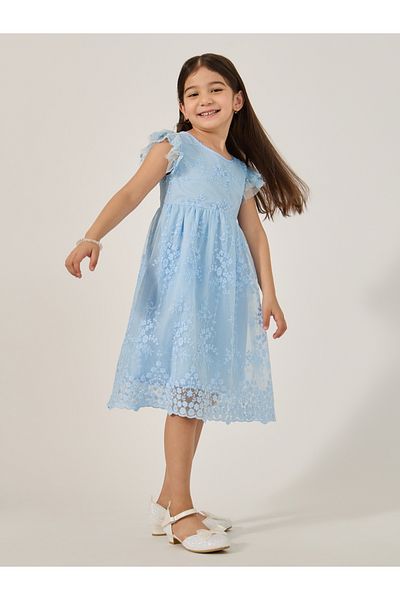 Styli Frill Sleeve Round Neck Pleated Lace Dress