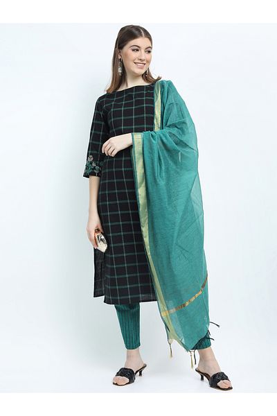Vishudh By Styli Women Black & Teal Checked Cotton Kurta Set