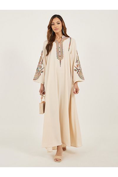 Styli Cream Embroidered Stand Collar Jalabiya