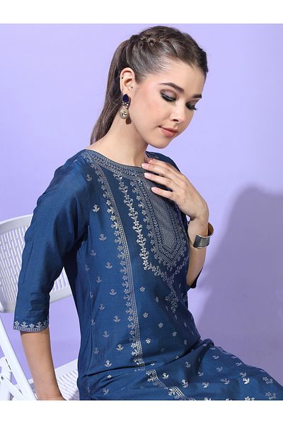 Vishudh By Styli Women Teal Blue Printed Kurta with Trousers