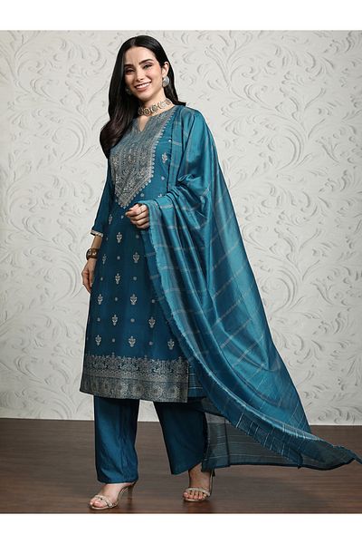 Vishudh By Styli Women Blue Printed Viscose Kurta Set with Dupatta