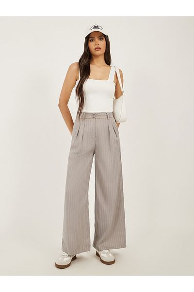 Styli Beige Striped Tailored Pants