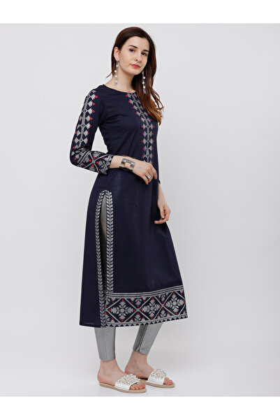 Vishudh By Styli Vishudh Women Navy Blue Yoke Design Straight Kurta