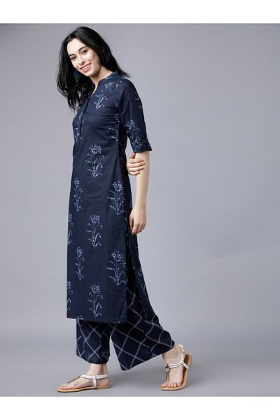 Vishudh By Styli Women Blue Printed Cotton Kurta with Palazzo Pants