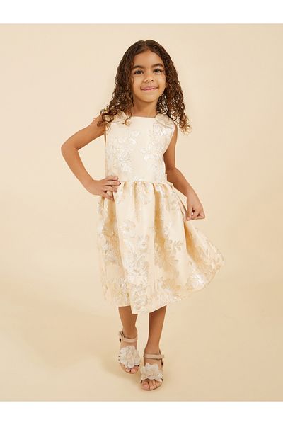 Styli Floral Jacquard Sleeveless A-Line Dress with Bow Detail