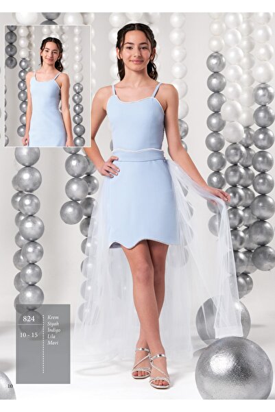 Erkut Rochie de seară scurtă pentru fetiță, din țesătură creponată, cu detaliu de coadă detașabilă, culoare albastru bebeluș