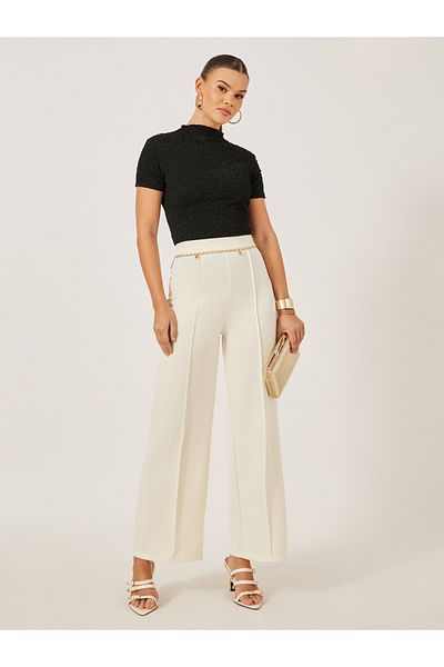 Styli Flared Knitted Pants with Pintuck Detail