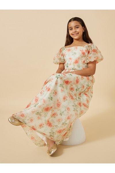 Styli Printed Organza Puff Sleeve Dress
