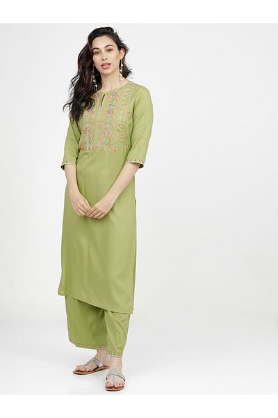 Vishudh By Styli Women Green Yoke Design Keyhole Neck Thread Work Kurta
