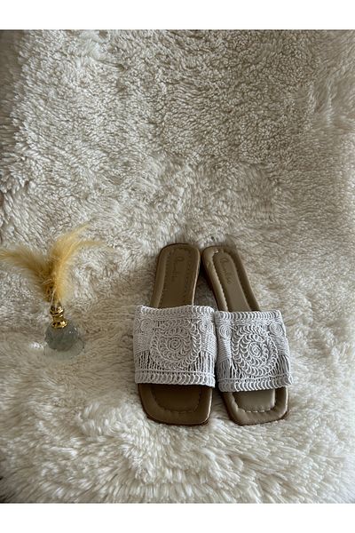 METİC Women's White Lace Comfortable Slippers Braided Embroidered Outdoor and Home Slippers