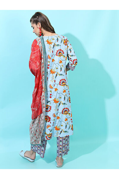 Vishudh By Styli Women Blue Floral Cotton Kurta Set with Trouser and Dupatta