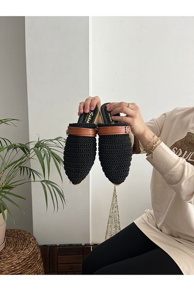 Behtah Kundura Women's Closed Front Straw Slippers Lace Knitted Belt Dowry Daily Slippers