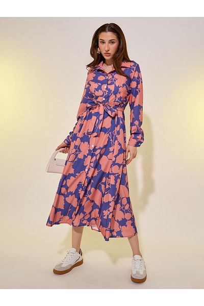 Styli Floral Print Long Sleeves Shirt Midi Dress with Tie Detail