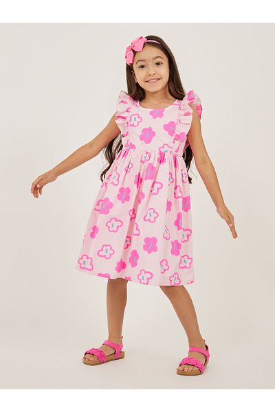 Styli Floral Print Ruffled Trim A-Line Dress
