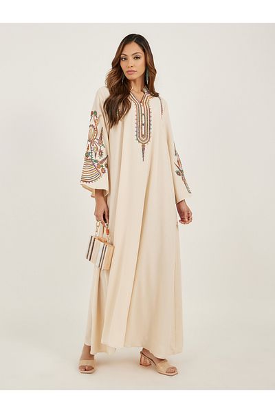 Styli Cream Embroidered Stand Collar Jalabiya