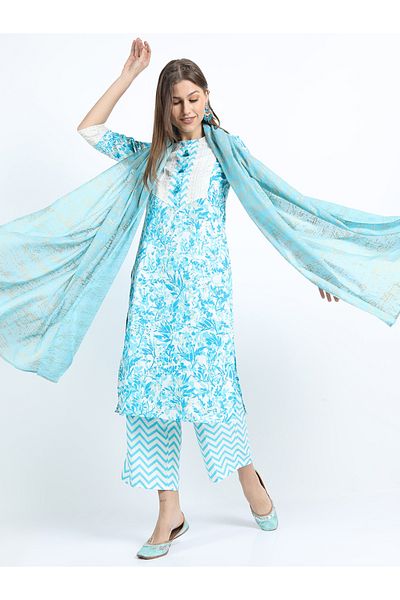 Vishudh By Styli Women's Turquoise Blue Printed Kurta Set with Palazzo and Dupatta