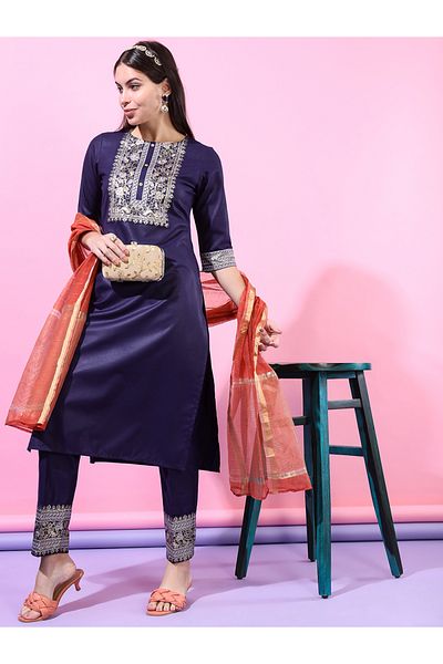Vishudh By Styli Women Purple Embroidered Kurta Set