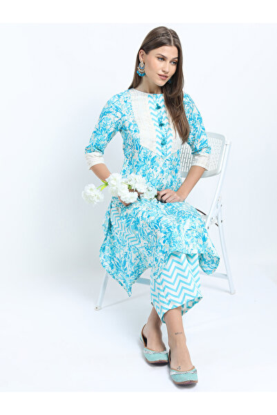 Vishudh By Styli Women's Turquoise Blue Printed Kurta Set with Palazzo and Dupatta