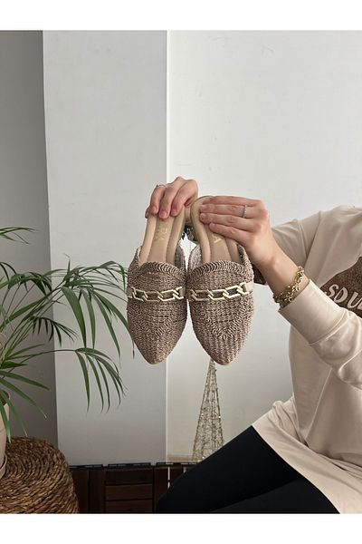 Behtah Kundura Women's Closed Front Straw Slippers Lace Knitted Chain Dowry Casual Slippers