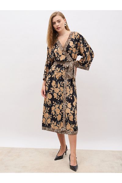 Styli All-Over Print V Neck Wrap Midi Dress