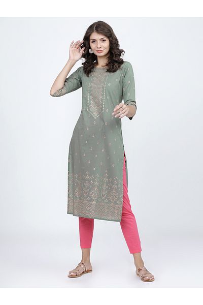 Vishudh By Styli Women Olive Ethnic Motifs Printed Cotton Kurta