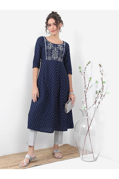 Vishudh By Styli Navy Blue Geometric Printed Thread Work A-Line Kurta