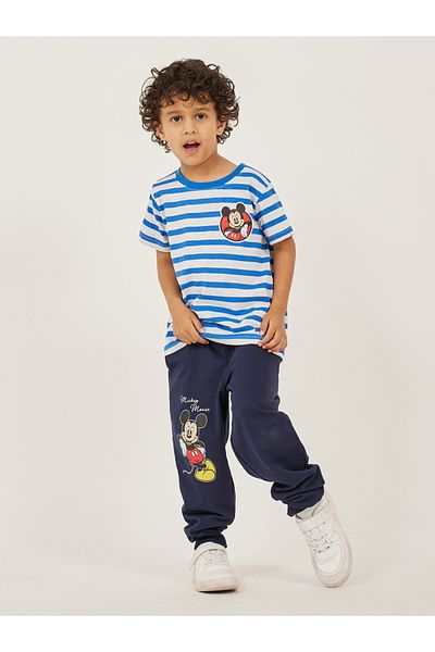 Styli Mickey Mouse Print Detail Short Sleeve Striped T-Shirt