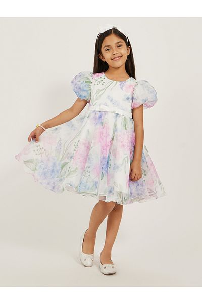 Styli Printed Organza Puff Sleeve Dress
