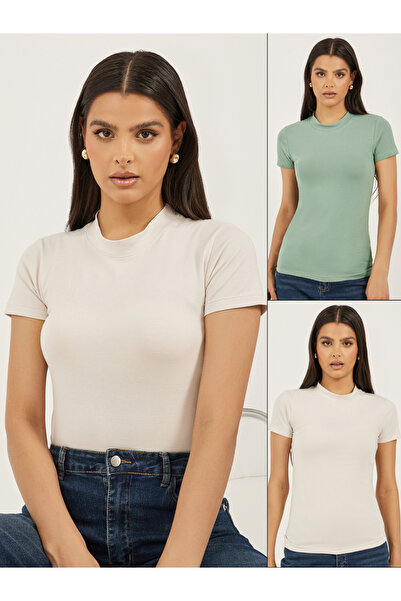 Styli Pack of 2 - Cotton Stretch Fitted High Neck T-Shirt