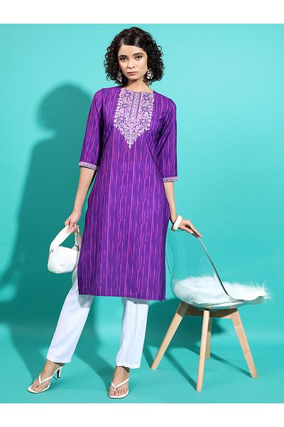 Vishudh By Styli Purple Embroidered Keyhole Neck Thread Work Kurta