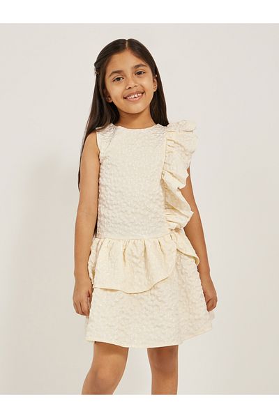 Styli Floral Jacquard Sleeveless Dress with Ruffled Trim