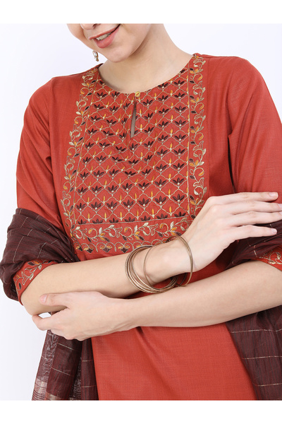 Vishudh By Styli Women Brown Embroidered Kurta Set with Dupatta