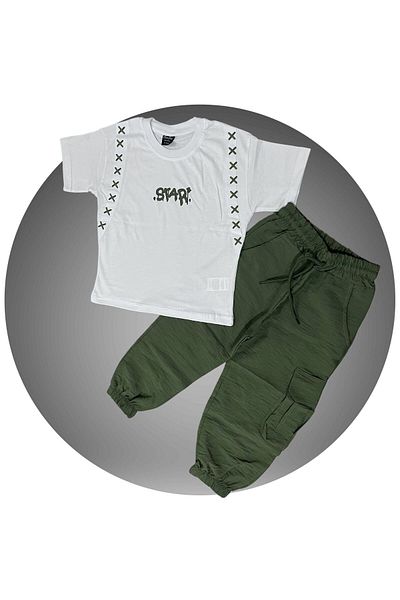sinmm Boy's Bottom Parachute Fabric Top Combed Fabric with Embroidery Detail Bottom-Top 2-Piece Set Khaki Color