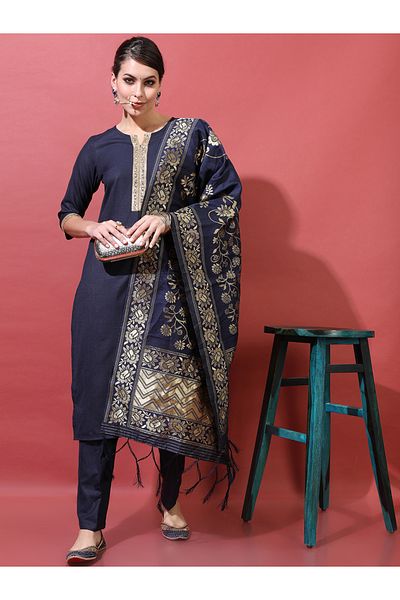 Vishudh By Styli Women Navy Blue Printed Kurta Set with Dupatta