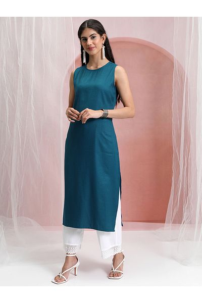 Vishudh By Styli Teal Blue Sleeveless Straight Kurta