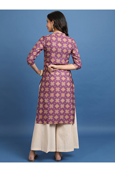 Vishudh By Styli Burgundy Ethnic Motifs Printed Mandarin Collar Straight Kurta