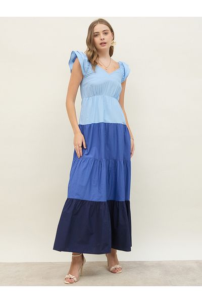 Styli Color Block Ruffled Sleeves Tiered Maxi Dress