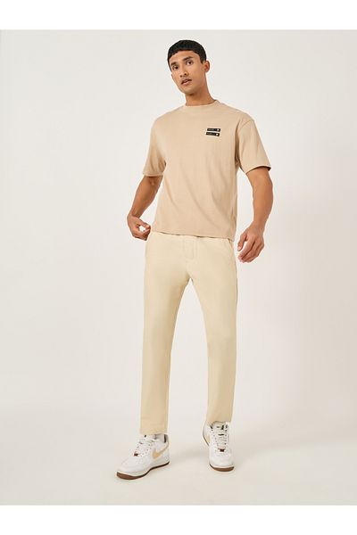 Fort Collins By Styli Men Beige Solid Straight Leg Pants with Drawstring Waist