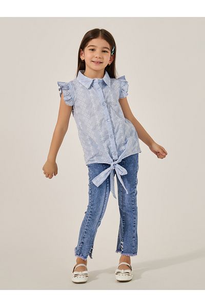 Styli Schiffli Frill Sleeve Shirt with Tie Up Detail