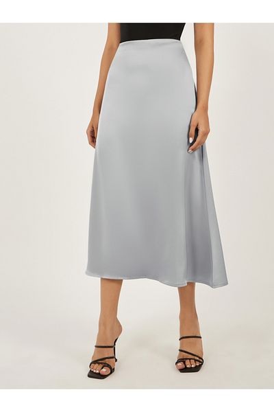 Styli Grey Satin Flared Maxi Skirt
