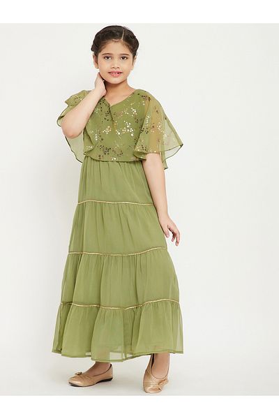 Stylo Bug By Styli Foil Print Cape Sleeves Tiered Maxi Dress