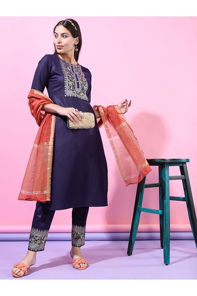 Vishudh By Styli Women Purple Embroidered Kurta Set