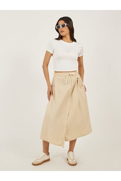 Styli Solid Drawstring Waist A-Line Midi Skirt with Pockets
