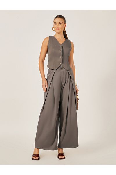 Styli Pleated Beige Wide Leg Pants for Women