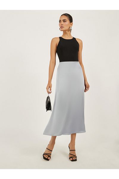 Styli Grey Satin Flared Maxi Skirt