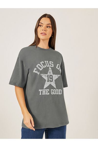 Styli Slogan Printed Acid Washed Oversized T-Shirt